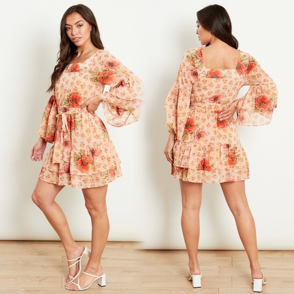 Floral Peach Dress with Bell Sleeves - Picture 3 of 7